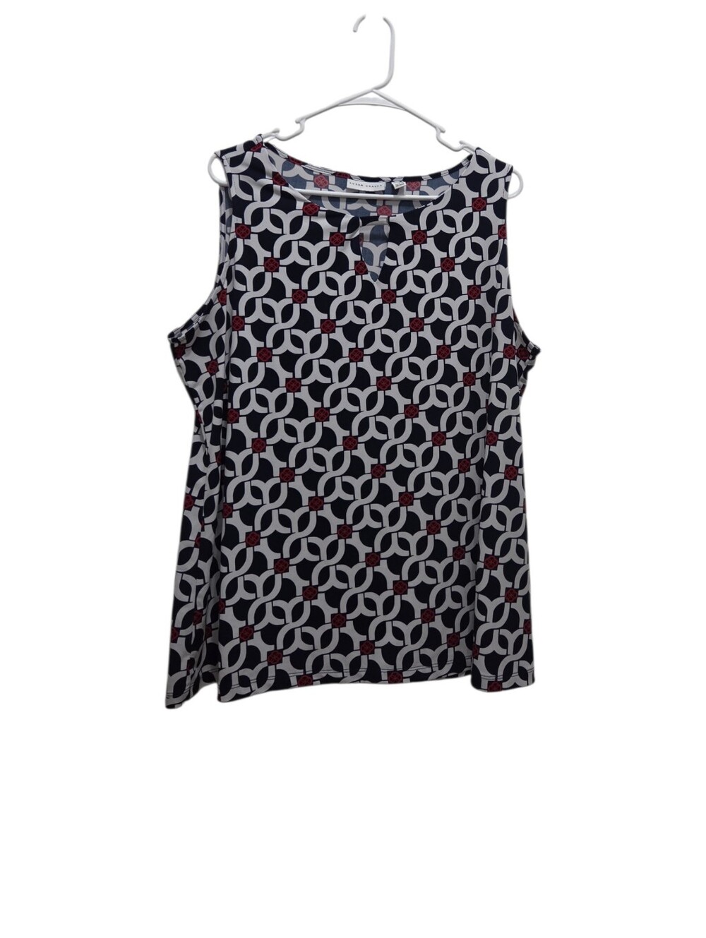 Susan Graver 1X Geometric Print Sleeveless Top Navy Red White Stretch Blouse